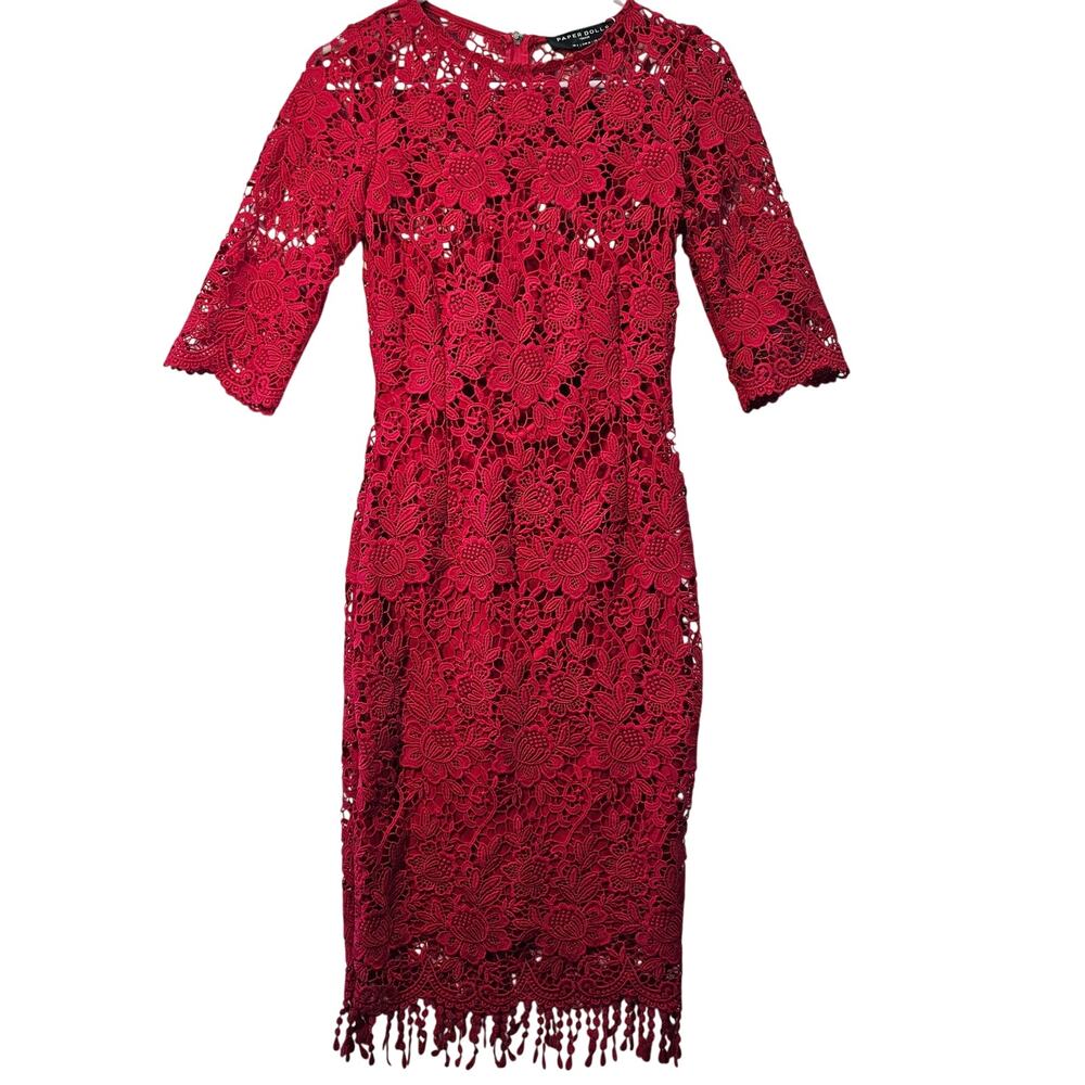 Paper Dolls London Red Crochet Lace Midi Dress Tasseled Size 4 NWT Romantic
